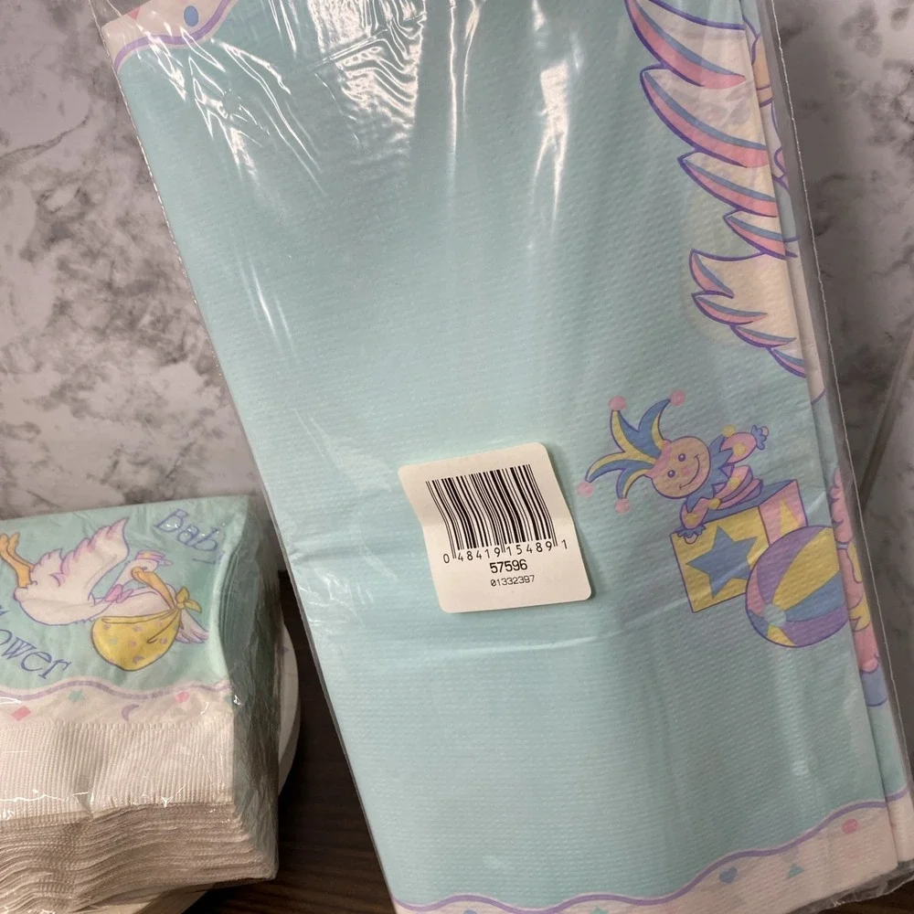 VTG 80/90s NIP AMSCAN Baby Shower Lot Plates, napkins, Tablecover Pastel Stork